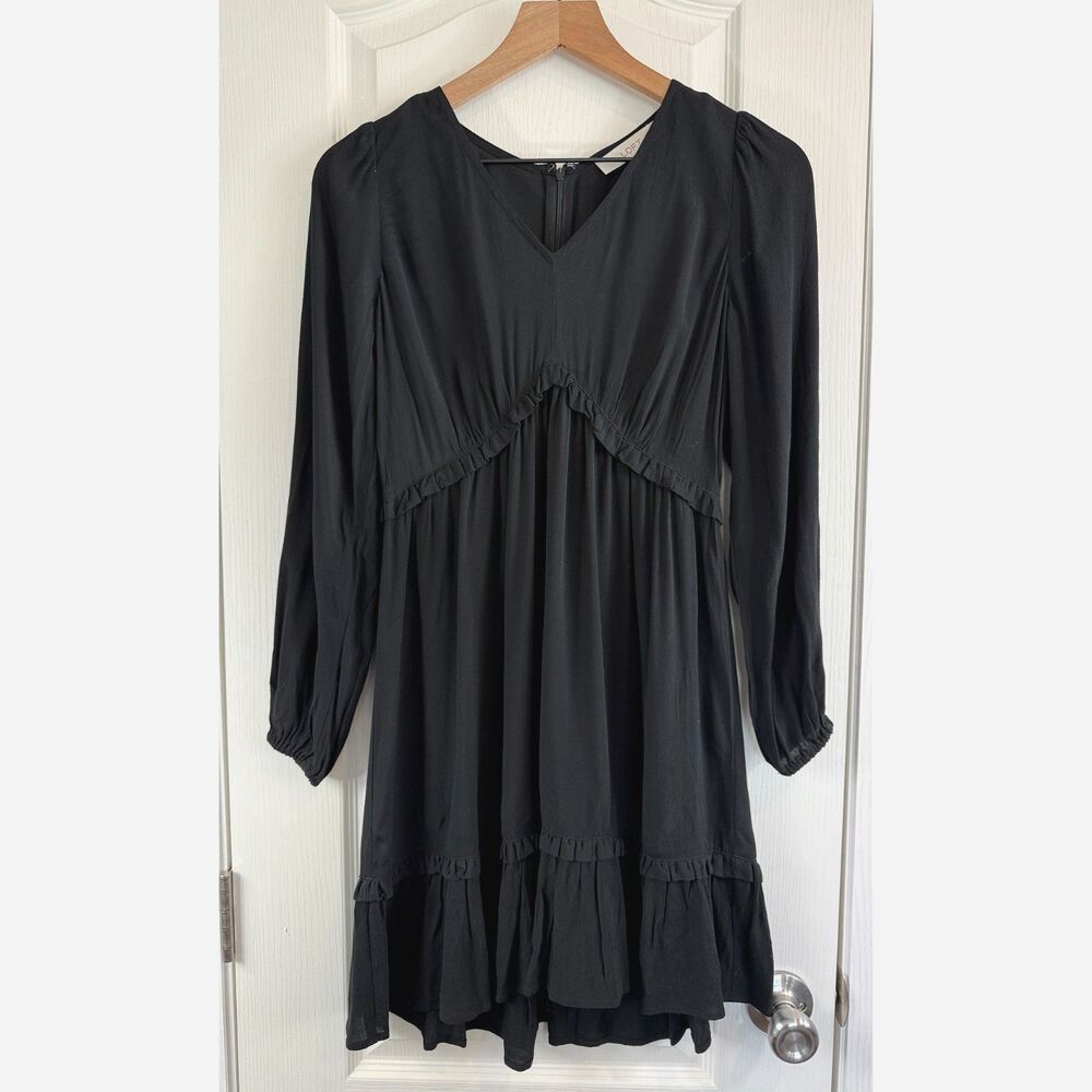 LOFT Petites Women's Long Sleeve V-Neck Swing Dress Black Rayon Size 0 P - NWT
